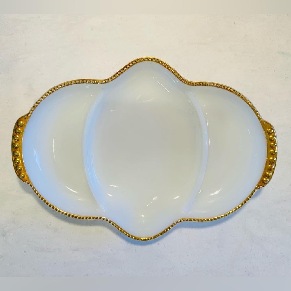Fire King Vintage White Milk Glass W/Gold Trim Divided Dish Oven Ware USA 11"